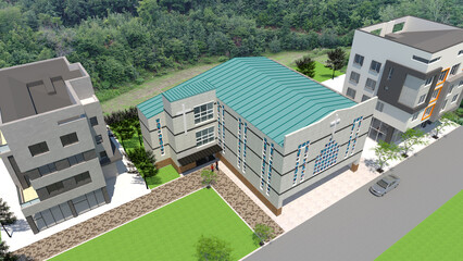 residential building in the city,3D rendering of a bird-eye view of a modern church in the city