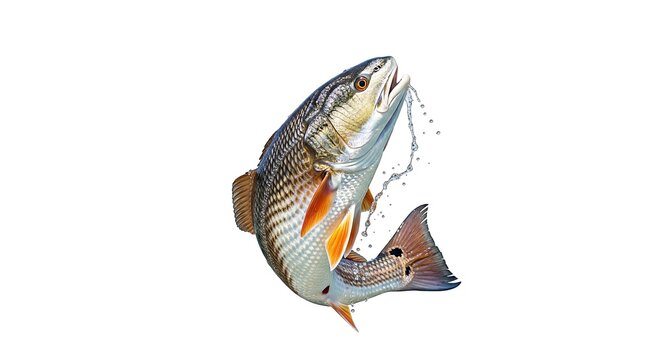A redfish jumps out of water. The fish, with its distinctive red tail and speckled body, is shown mid-leap, with water droplets spraying around it.