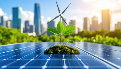 Green Plant Growing on Solar Panel with City Skyline in Background