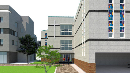 modern office building in the city of london, 3D rendering of a bird-eye view of a modern church in the city