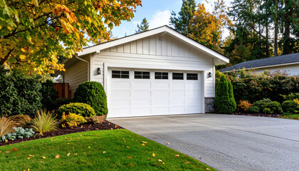 Modern suburban garage with pristine landscaping in autumn setting