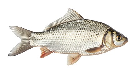 A silver-scaled fish with fins, isolated on a white background. Close-up shot showing details of its scales and features.