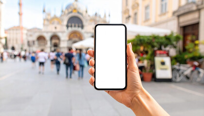 Hand Holding Smartphone with Blank Screen in Busy Urban Setting