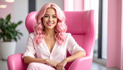 Stylish woman with pink hair smiling in modern pink armchair