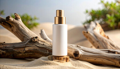 Elegant White Bottle on Sand with Driftwood and Greenery Background