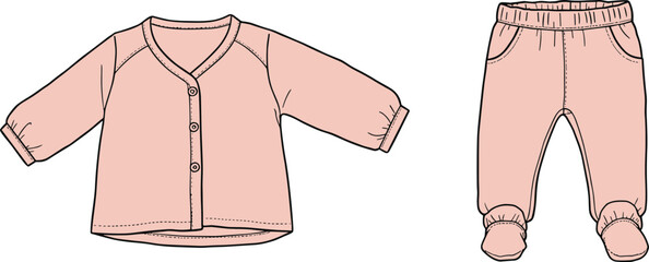 V-neck shirt and footed pants cad drawing flat vector illustration, button front, elastic waist, pockets, stitched seams, fashion sketch © Bokul Creatives