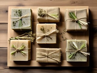 Herbal Soaps with Leaf Embeds Arranged on Wooden Surface with Burlap, Overhead Wellness Background