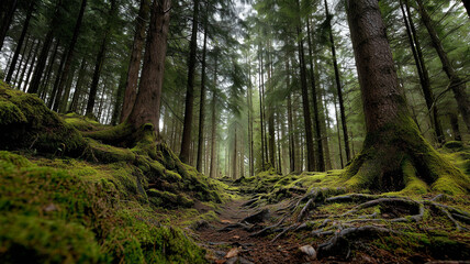Obraz premium 森が苔生す大地と巨木を包む静寂の情景