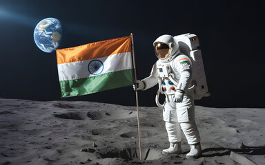 A lone astronaut plants the Indian flag on the lunar surface with Earth visible in the background, showcasing space exploration.