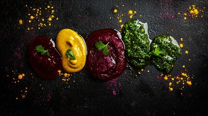 Beetroot sauce, honey mustard, and chimichurri splashed together in vibrant contrasting tones, deep magenta, yellow-gold, and vibrant green, captured in