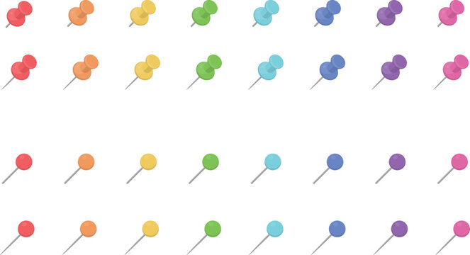 Flat Minimal Vector Illustration of Colorful Push Pins and Round Map Pins Set for Office Stationery and Presentation
