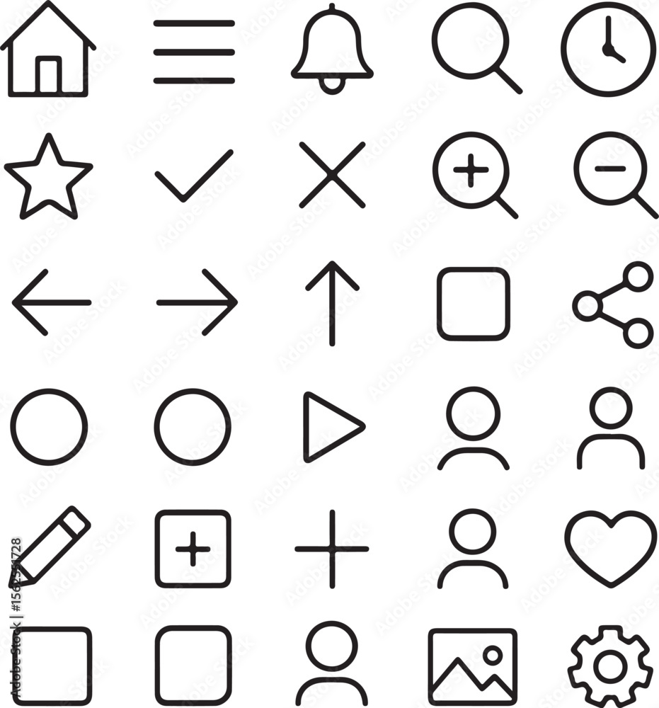 Poster collection of clean modern minimalist line art icons representing common user interface elements for