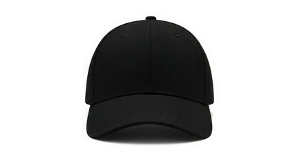 Fototapeta premium A plain black baseball cap, front view, isolated on white background.