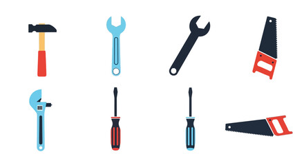 Fototapeta premium Vector illustration of hand tools hammer wrench screwdriver adjustable wrench and saw for home improvement