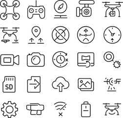 Collection of modern flat design line icons representing various drone technology and aerial photography concepts for digital use