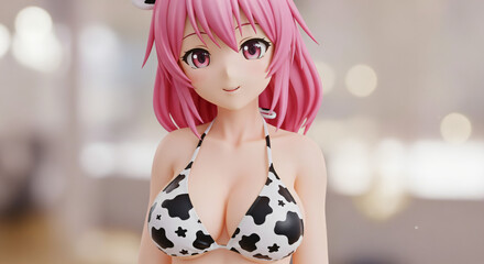 Anime-style figure with pink hair. She is wearing a cow-print bikini top and has a pair of small cow ears on their head. The background is blurry, indicating an indoor setting with soft lighting.