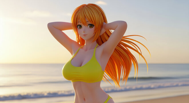3D model render an anime-style character with long orange hair, standing on a beach during sunset. She is wearing a yellow bikini and has their hands positioned behind their head.