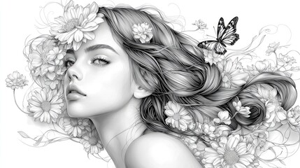 A woman's portrait surrounded by flowers and a butterfly.