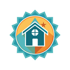 Starburst badge with home icon, real estate emblem, property logo, home symbol, decorative starburst, modern housing vector design