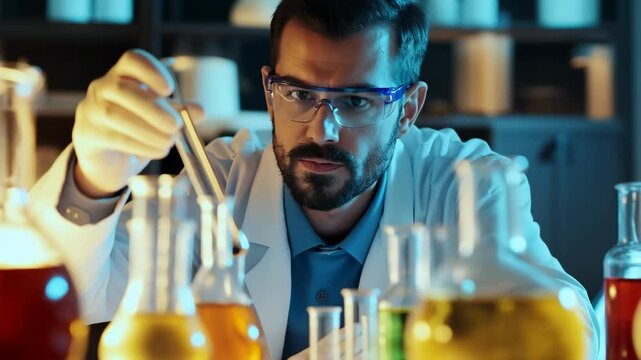 In a dynamic laboratory, a determined scientist examines colorful liquids in glass beakers, deeply engaged in groundbreaking research late into the night, surrounded by the glow of experiments.