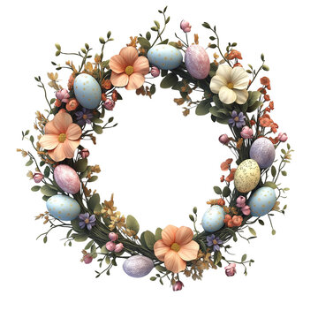 3d render of a realistic Easter wreath with detailed flowers, eggs, and soft lighting on white background