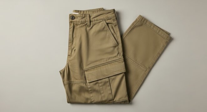 Folded khaki cargo pants against a neutral, light gray background.