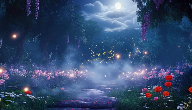 the camera slowly moves forward through a magical dark fantasy forest path filled with vibrant red roses, pink peonies, white gypsophila, pale blue hydrangeas, blooming lavender