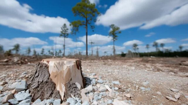 Deforestation landscape: tree stump in clearcut area with blue sky and clouds background view