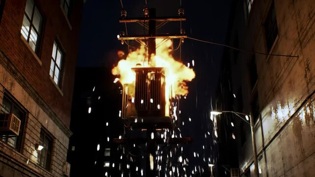 Electrical Transformer Exploding in Urban Alleyway at Night with Bright Sparks