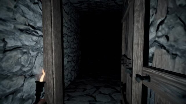 Entr&eacute;e sombre d&rsquo;un couloir de pierre &agrave; la lueur d&rsquo;une torche
