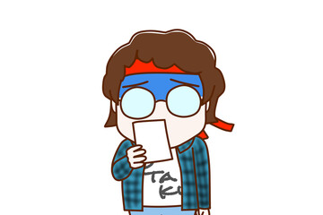 （上半身正面）通知の紙を見て真っ青になりショックを受けるメガネをかけたオタク