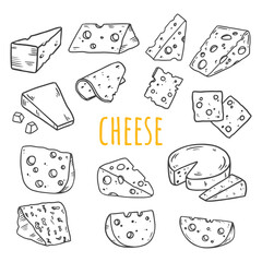 Cheese in sketch style, black and white illustration. Slice of cheese isolated on white. Different types of cheese. Food Vector illustration 