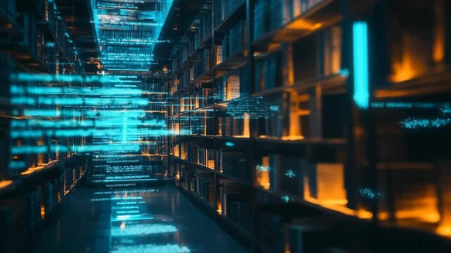 Wander through a captivating library where towering shelves of books meet vibrant, flowing data streams, merging the past with the future in a vision of continuous learning and innovation.