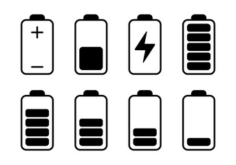 Battery indicator icon set. Battery charging status icons various stages of power isolated on white background. Vector illustration.
