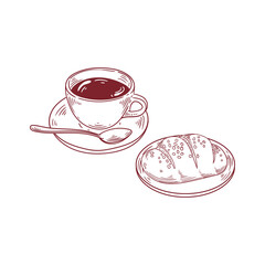 Original illustrations of a cup of tea or coffee with bread, a vintage ink line drawing for cards, menus, cafes, baristas, tea houses, or graphic design.