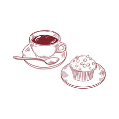Original illustrations of a cup of tea or coffee with a chocolate muffin, a vintage ink line drawing of a snack or breakfast item for cards, menus, cafes, baristas, tea houses, or graphic design.