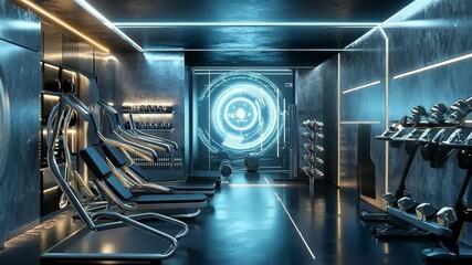 A modern fitness area combines sleek design and advanced technology, featuring high quality workout machines and an ambient glow, creating an energizing atmosphere for exercise enthusiasts.