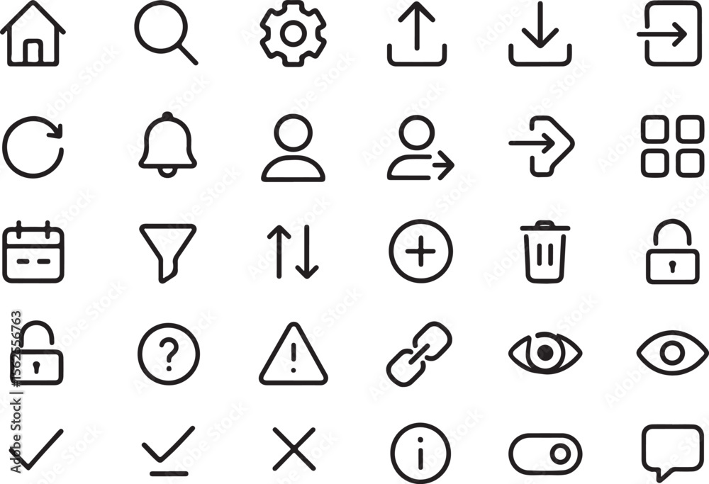 Fototapete Collection of clean and modern outline icons representing common digital interface functions and user actions for web and app design