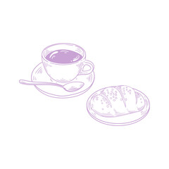 Original illustrations of a cup of tea or coffee with bread, a vintage ink line drawing for cards, menus, cafes, baristas, tea houses, or graphic design.