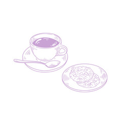 Original illustrations of a cup of tea or coffee with a chocolate chip cookie, a vintage ink line drawing of a snack or breakfast item for cards, menus, cafes, baristas, tea houses, or graphic design.