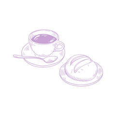 Original illustrations of a cup of tea or coffee with bread, a vintage ink line drawing for cards, menus, cafes, baristas, tea houses, or graphic design.