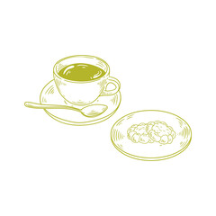 Original illustrations of a cup of Matcha tea or coffee with a jam cookie, a vintage ink line drawing of a snack or breakfast for cards, menus, cafes, baristas, tea houses, or graphic design.