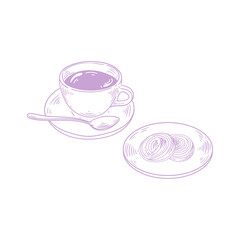 Original illustrations of a cup of tea or coffee with a cookie, a vintage ink line drawing of a snack or breakfast item for cards, menus, cafes, baristas, tea houses, or graphic design.