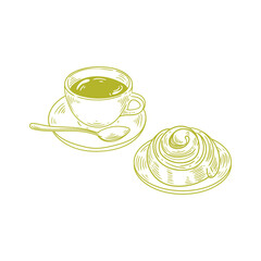 Original illustrations of a cup of tea matcha or coffee with a cinnamon roll, a vintage ink line drawing of a snack or breakfast item for cards, menus, cafes, baristas, tea houses, or graphic design.