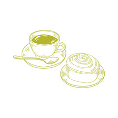 Original illustrations of a cup of tea matcha or coffee with a cinnamon roll, a vintage ink line drawing of a snack or breakfast item for cards, menus, cafes, baristas, tea houses, or graphic design.
