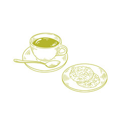Original illustrations of a cup of tea or coffee with a chocolate chip cookie, a vintage ink line drawing of a snack or breakfast item for cards, menus, cafes, baristas, tea houses, or graphic design.