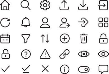 Collection of clean and modern outline icons representing common digital interface functions and user actions for web and app design