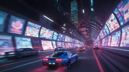 Futuristic city tunnel with vibrant neon lights and fast-moving cars in a dynamic urban scene - Powered by Adobe