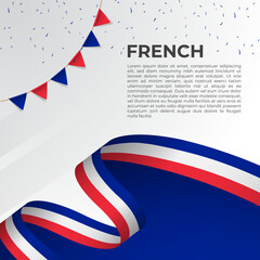 Abstract wavy flag of French in ribbon style on white background. Design for Independence day, National Day. Vector Illustration