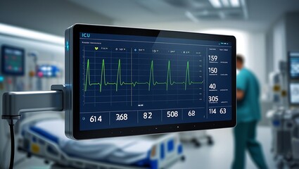 Digital heart monitoring display shows patient vital signs in a modern intensive care unit for hospital diagnostics and medical procedures.